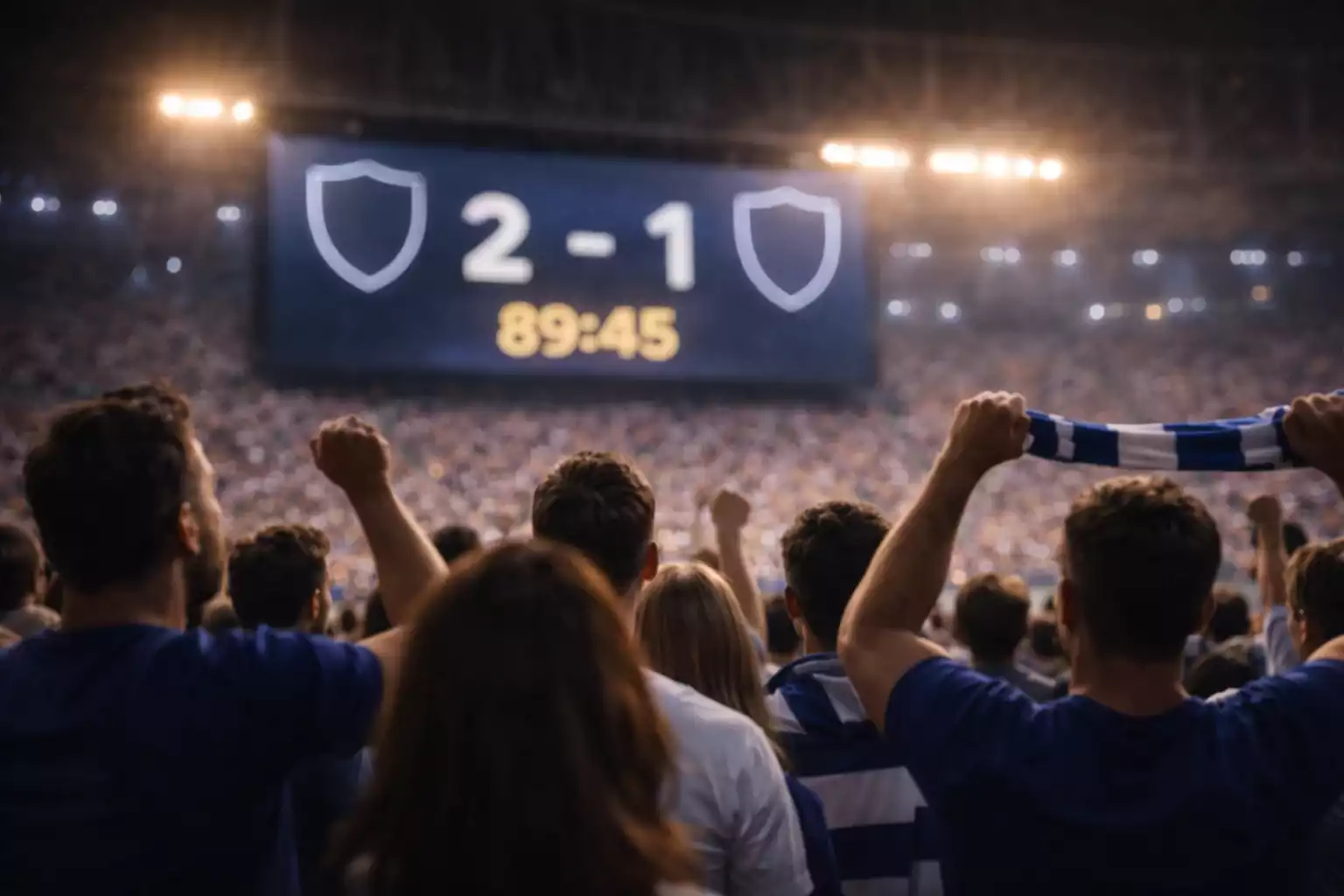 Tifosi allo stadio che guardano il tabellone del punteggio