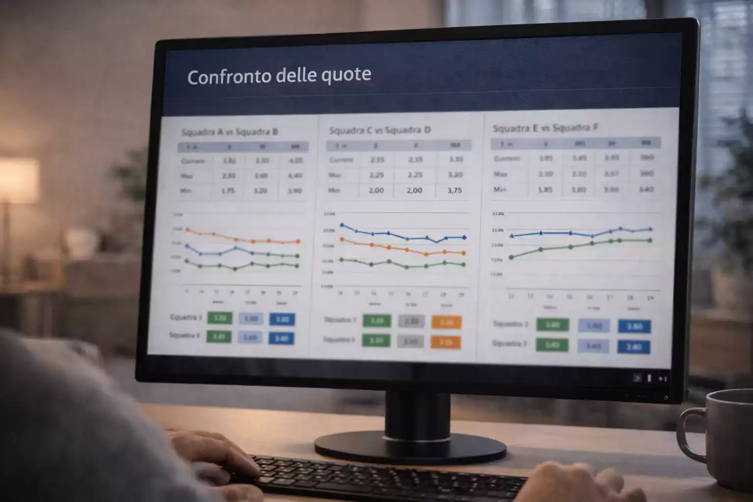 Schermo con grafici e analisi di quote sportive