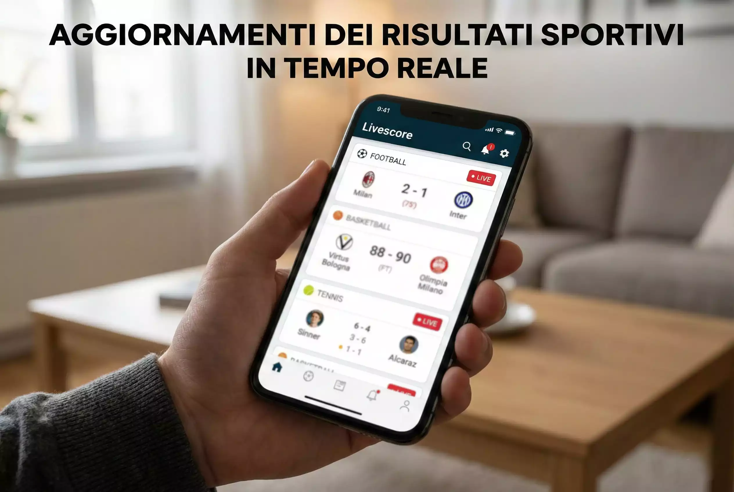 Smartphone con applicazione livescore che mostra risultati in tempo reale