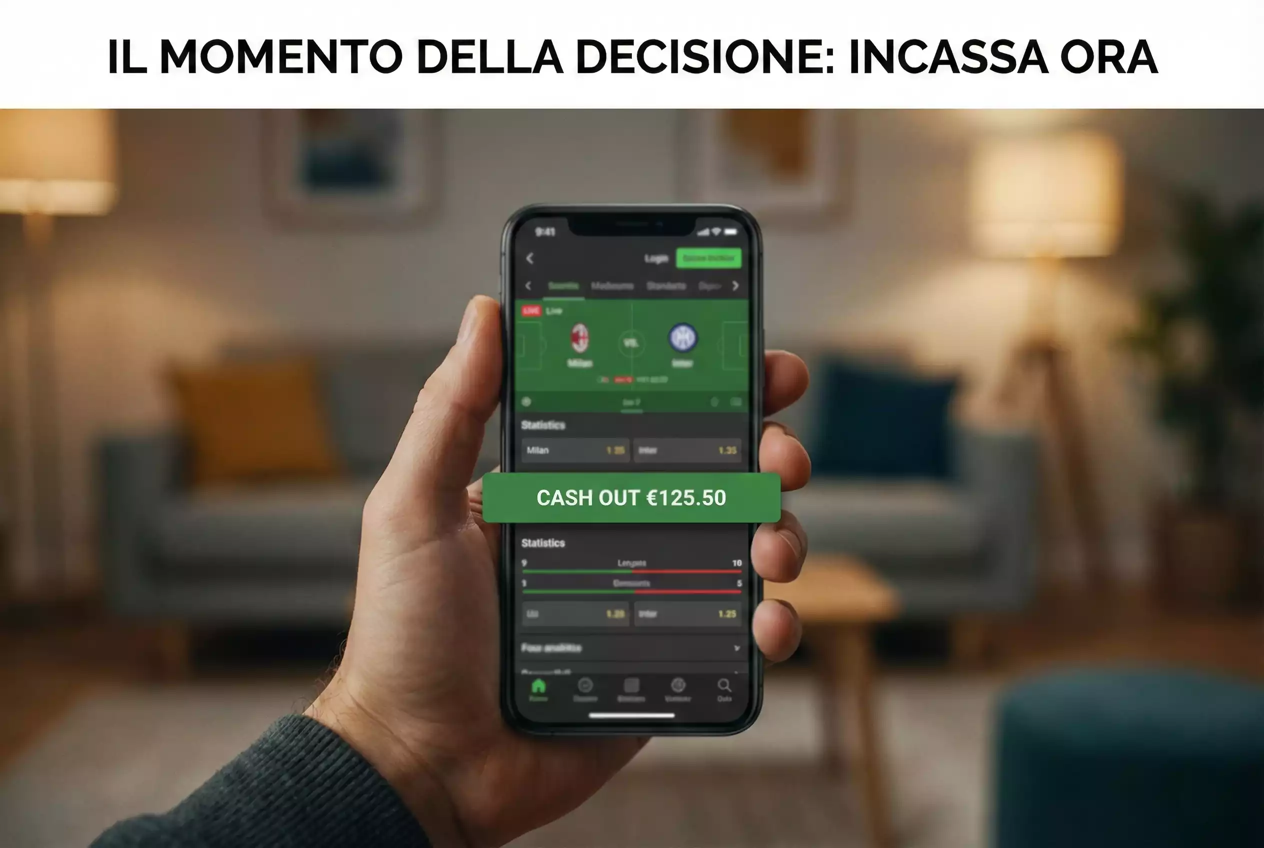 Smartphone con applicazione di scommesse che mostra opzione di incasso