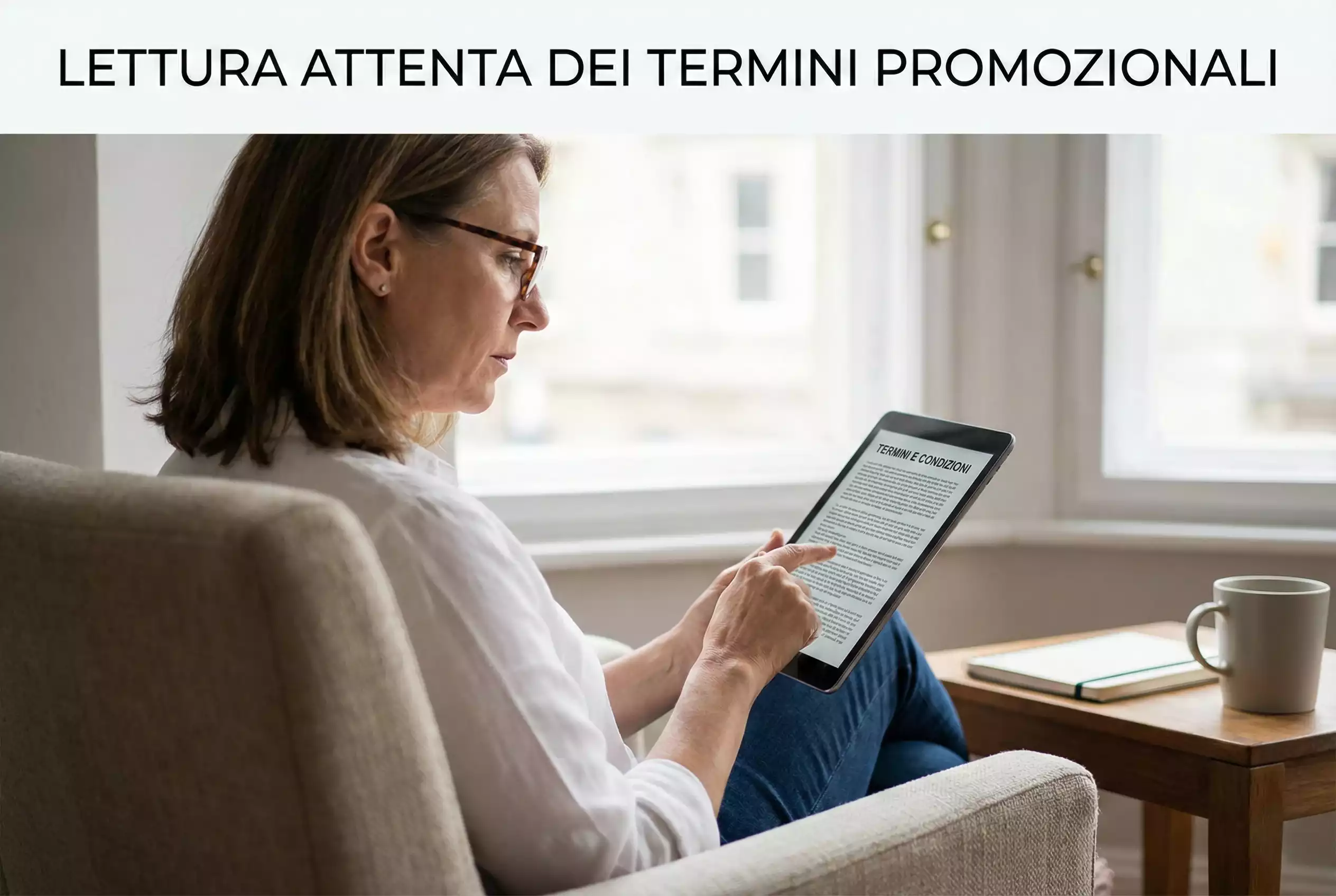 Persona che legge termini e condizioni su tablet