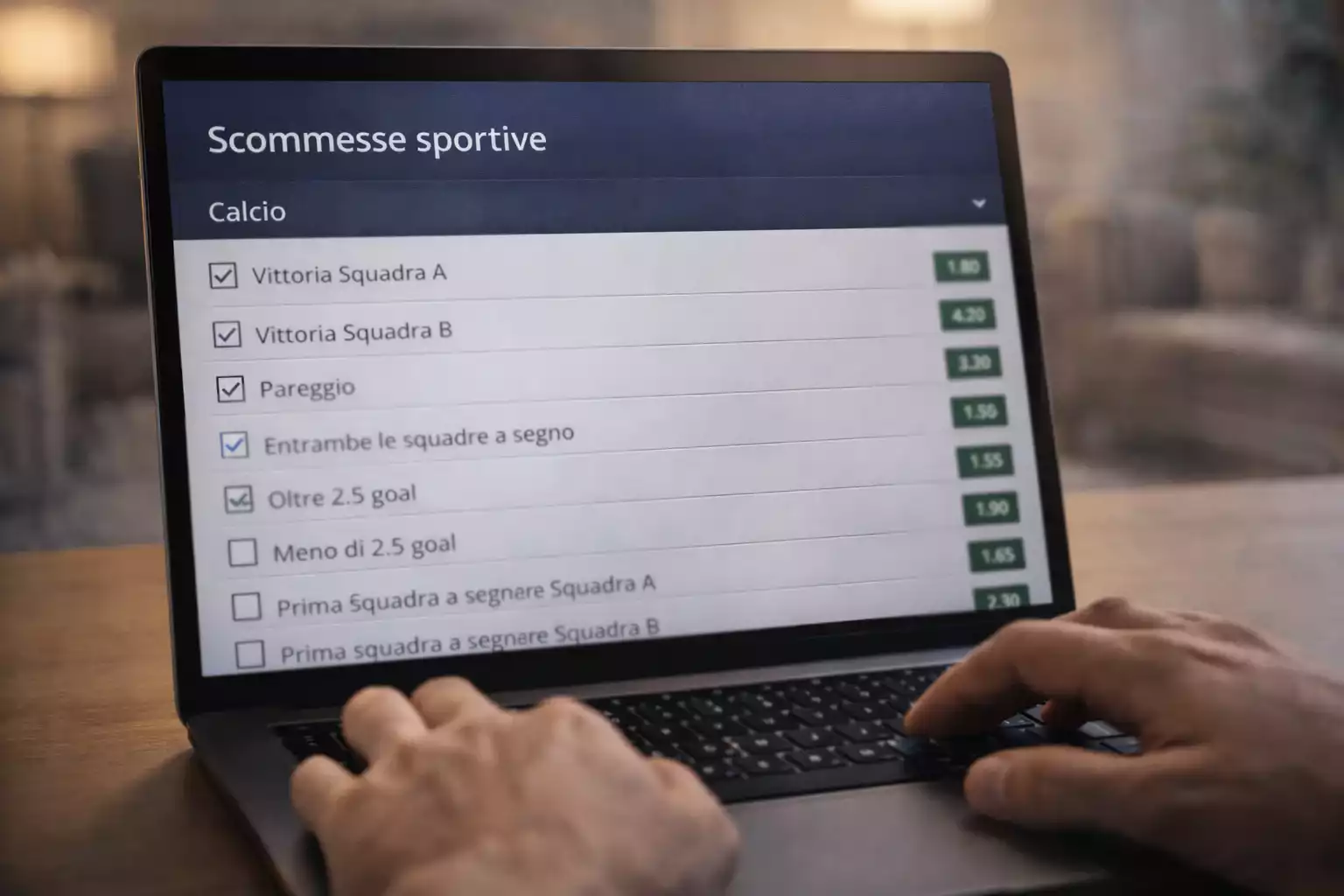 Schermo di laptop che mostra interfaccia di selezione scommesse