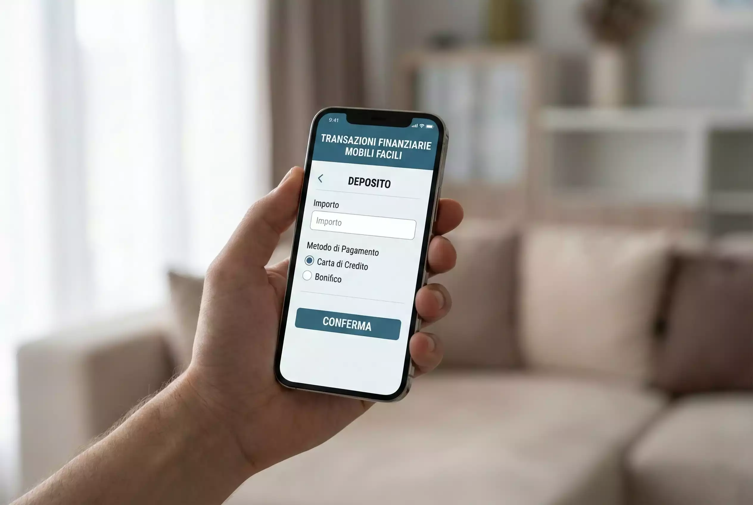 Mano che tiene smartphone con schermata di pagamento