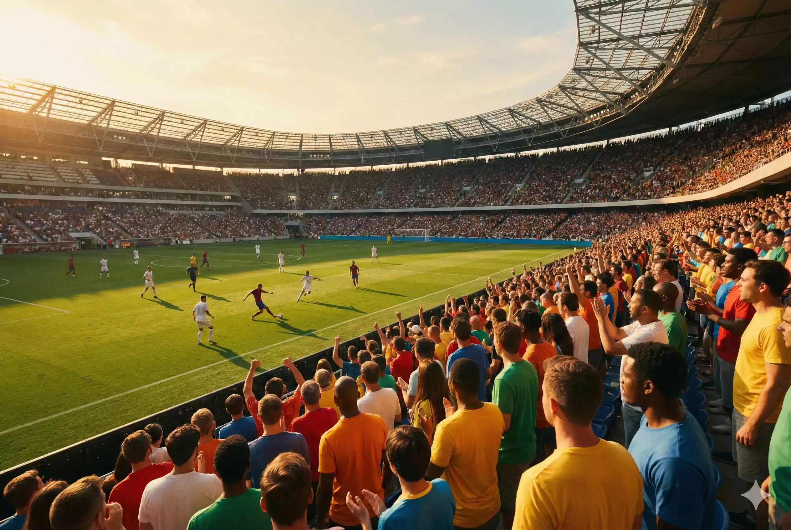 Partita di calcio vista dalle tribune dello stadio con tifosi sugli spalti