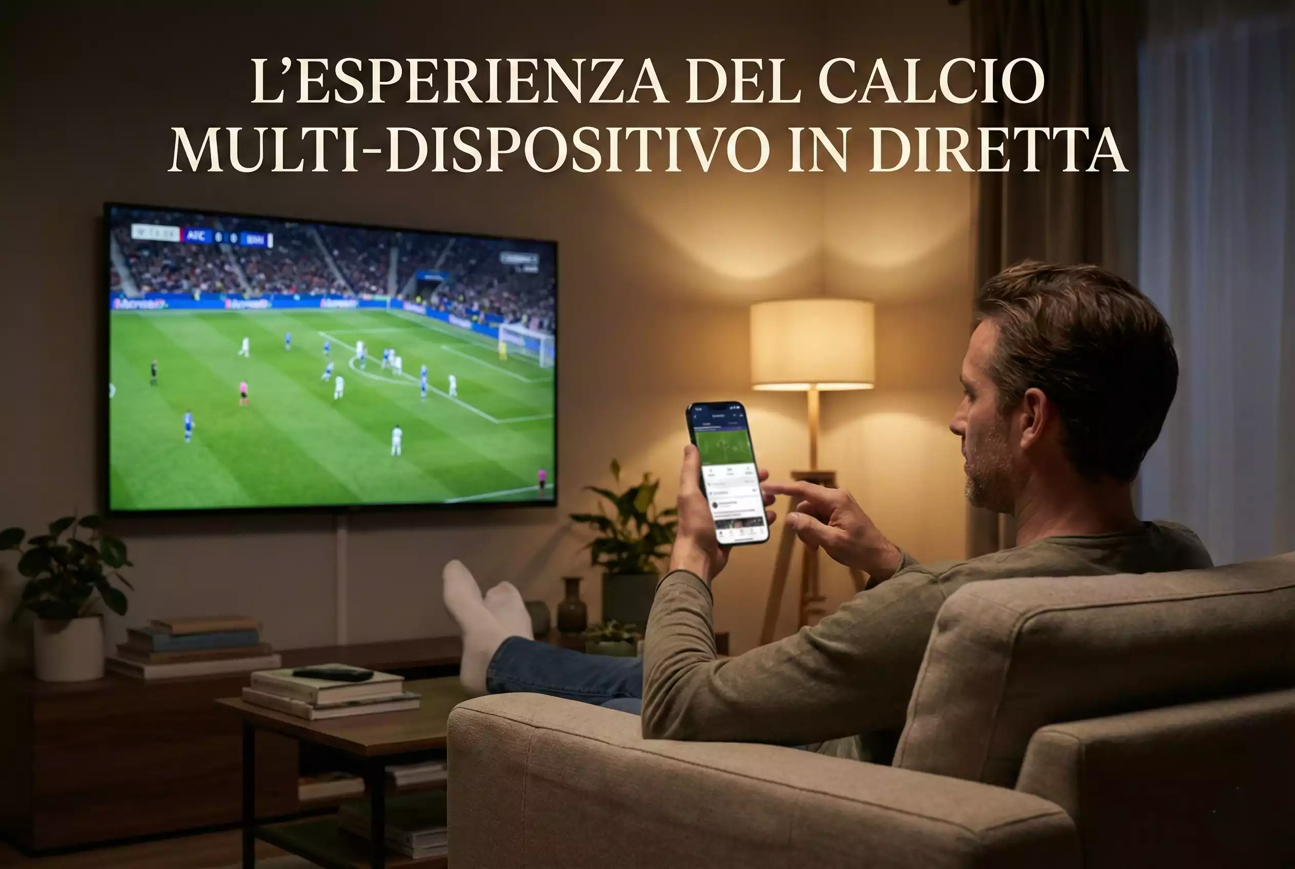Persona che guarda partita di calcio su TV con smartphone in mano