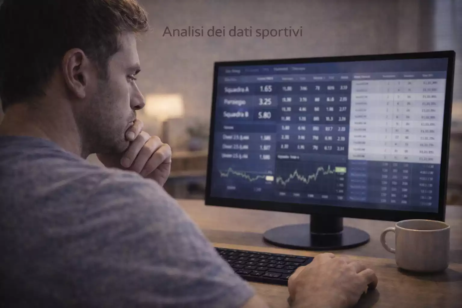 Persona pensierosa davanti a uno schermo con dati sportivi