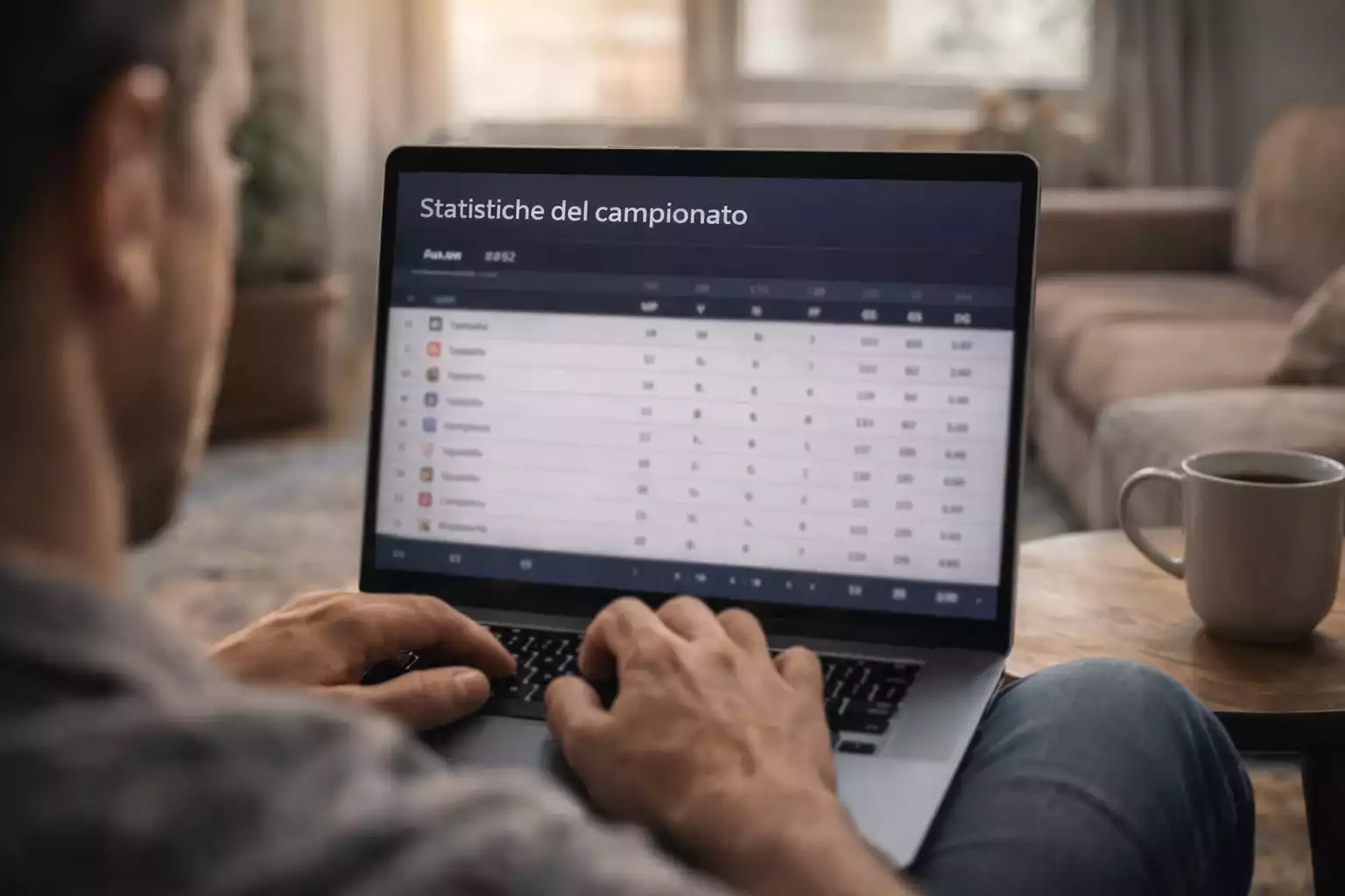 Persona che consulta statistiche sportive su un laptop in ambiente domestico
