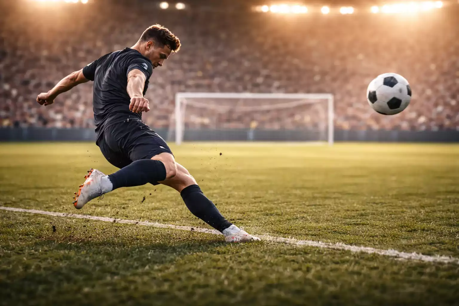 Attaccante che calcia verso la porta durante una partita di calcio