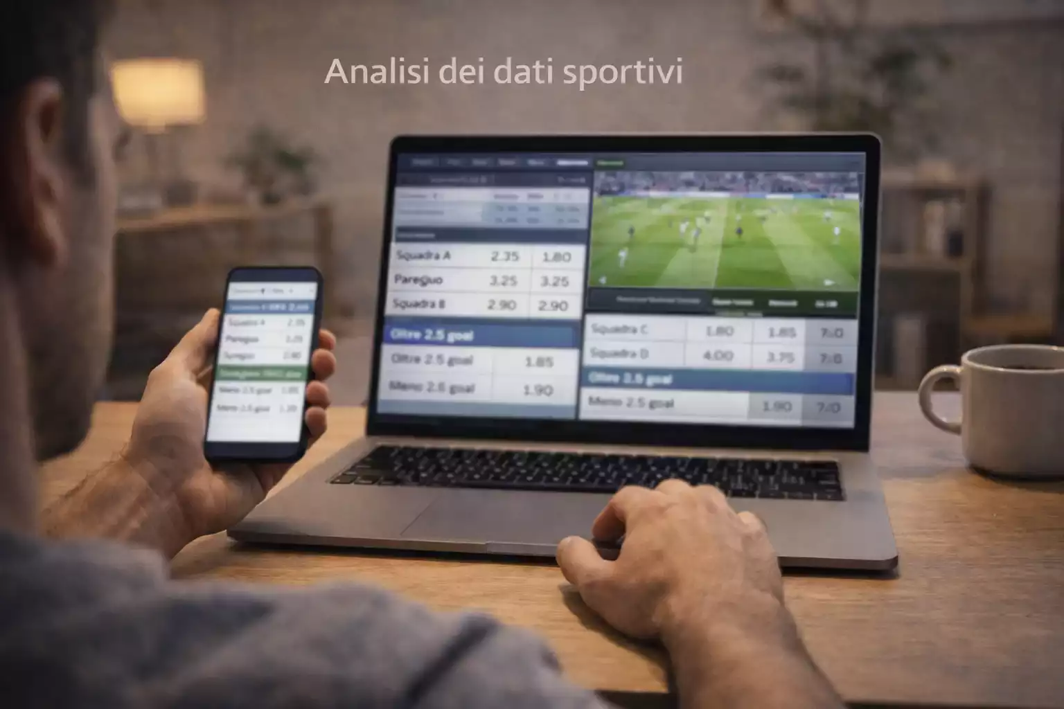Persona che utilizza laptop e smartphone per gestire scommesse sportive