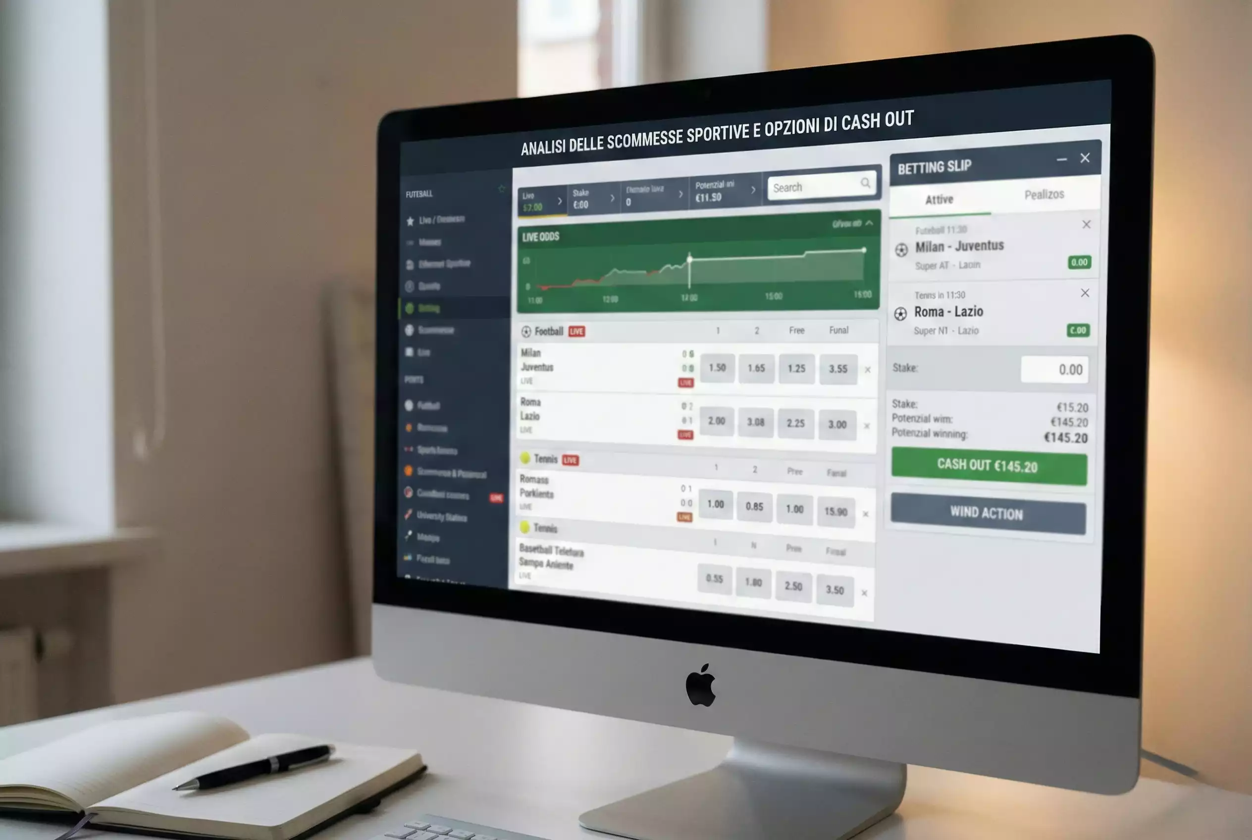 Schermo di computer con interfaccia di scommesse e opzioni di cash out