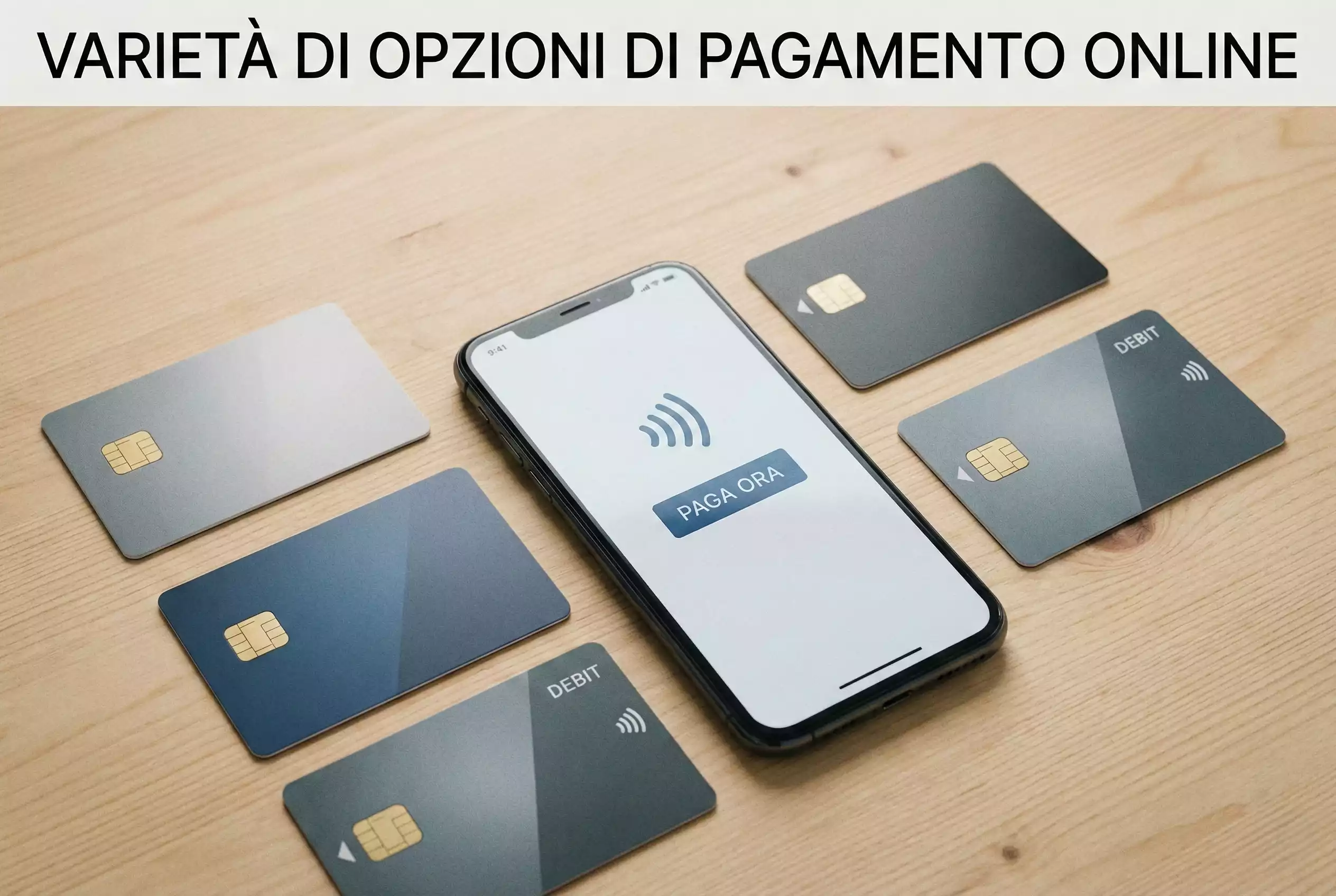 Diverse carte di pagamento e smartphone con app di pagamento