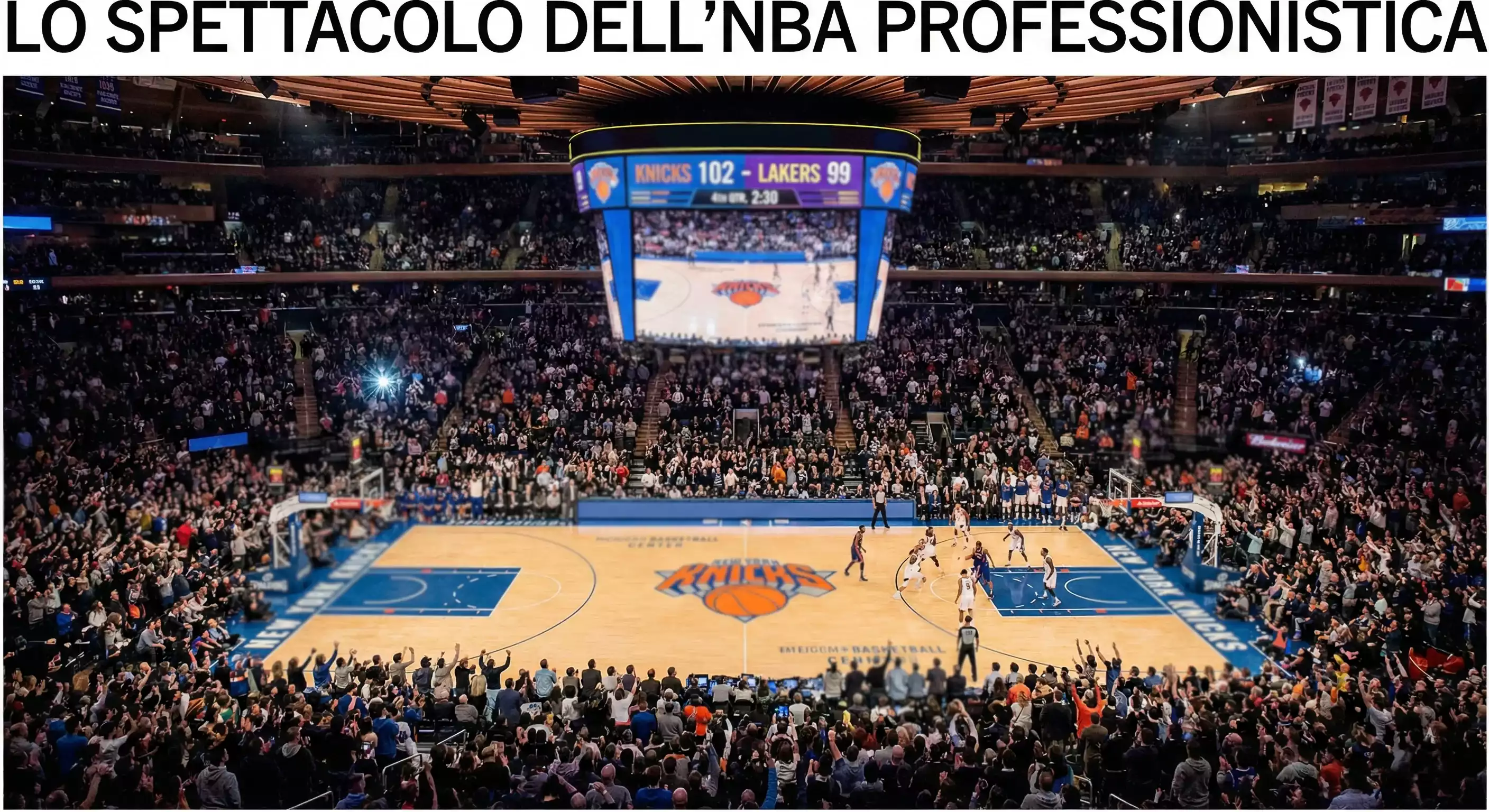 Arena NBA con partita in corso e tabellone segnapunti
