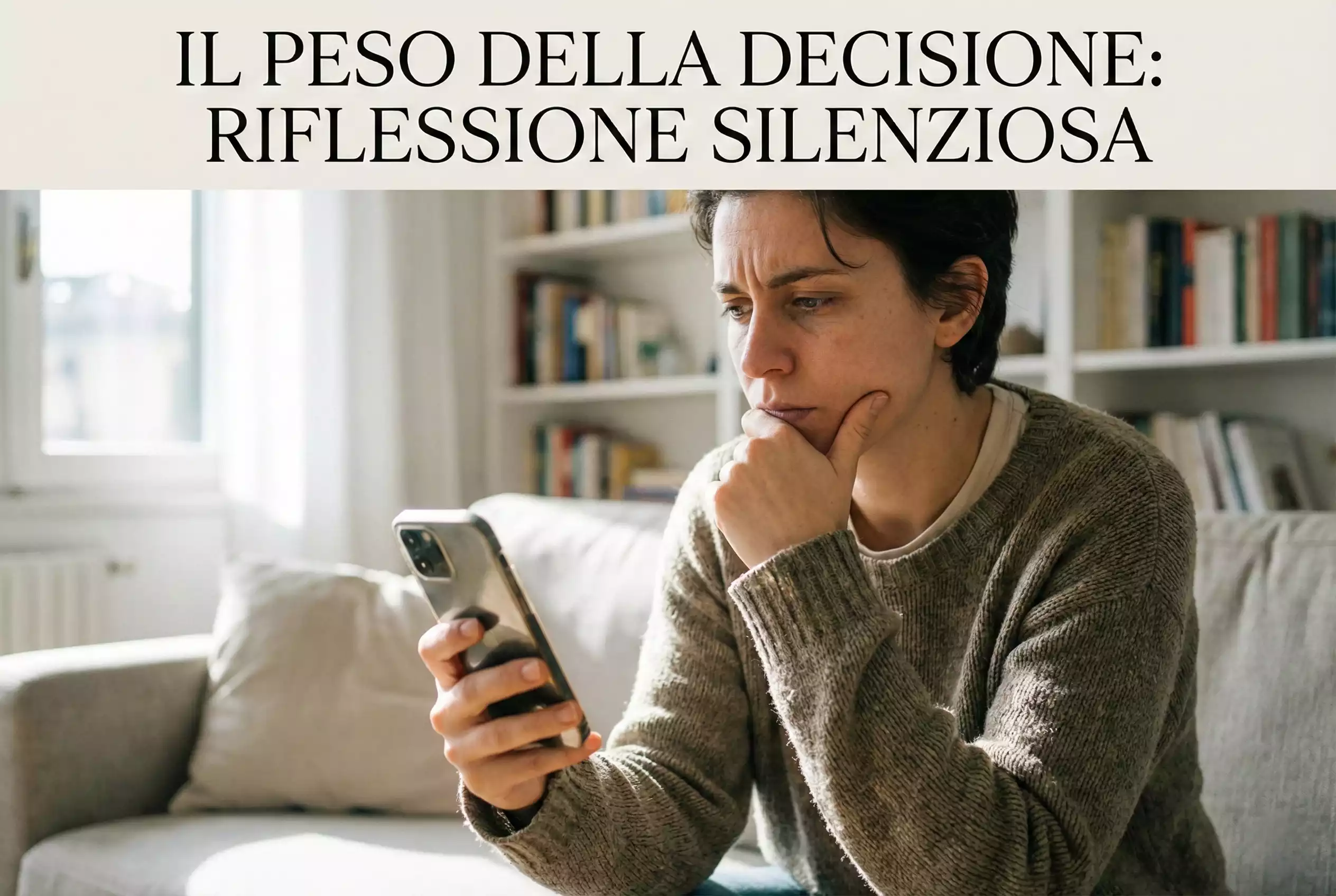 Persona che riflette guardando il telefono con espressione pensierosa