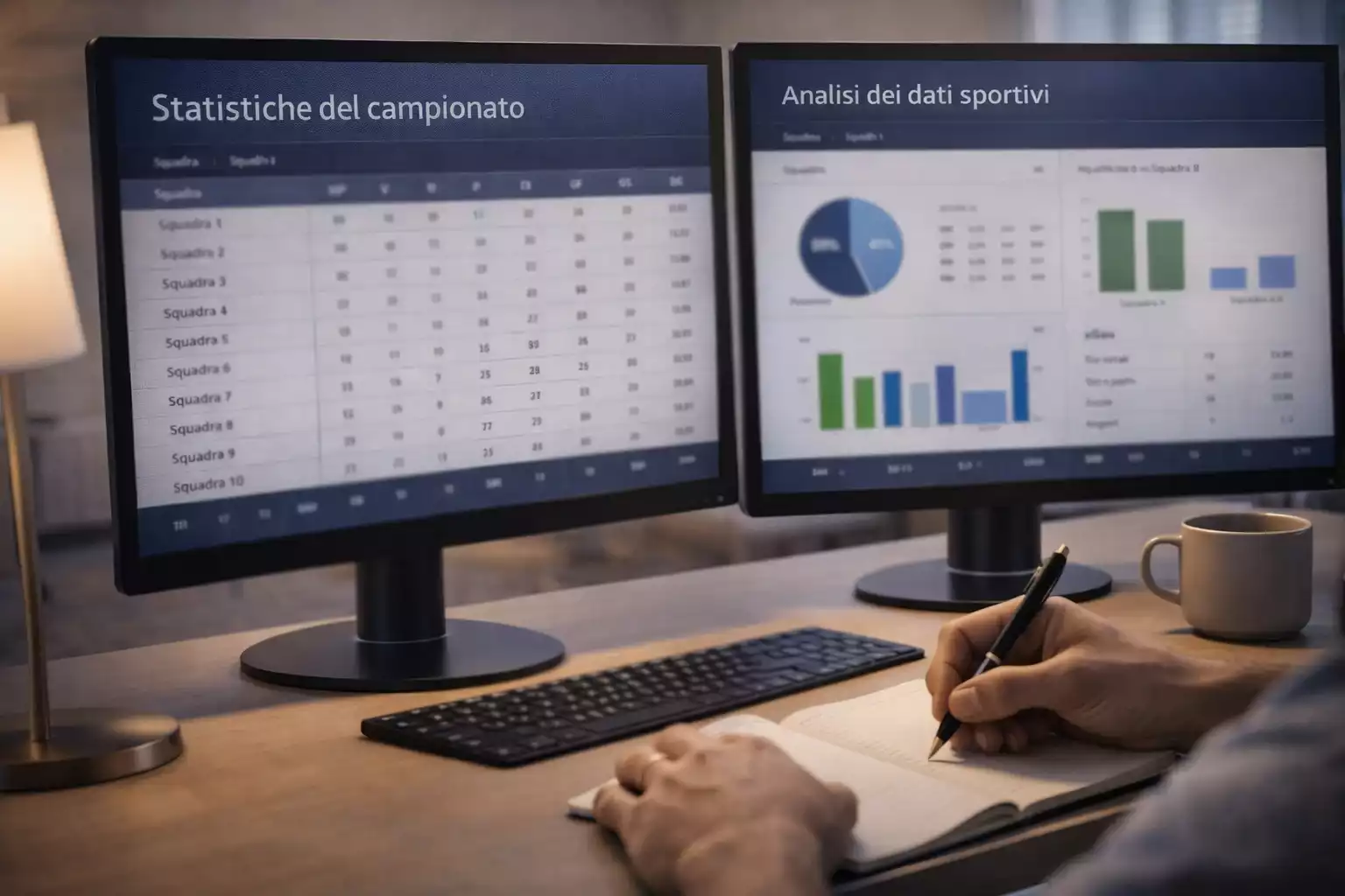Persona che studia statistiche sportive su più schermi