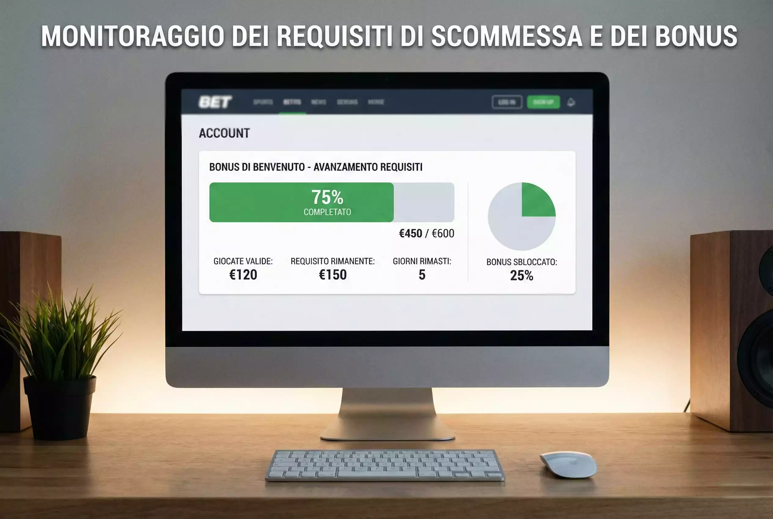 Schermo di computer con interfaccia di scommesse e progressi bonus