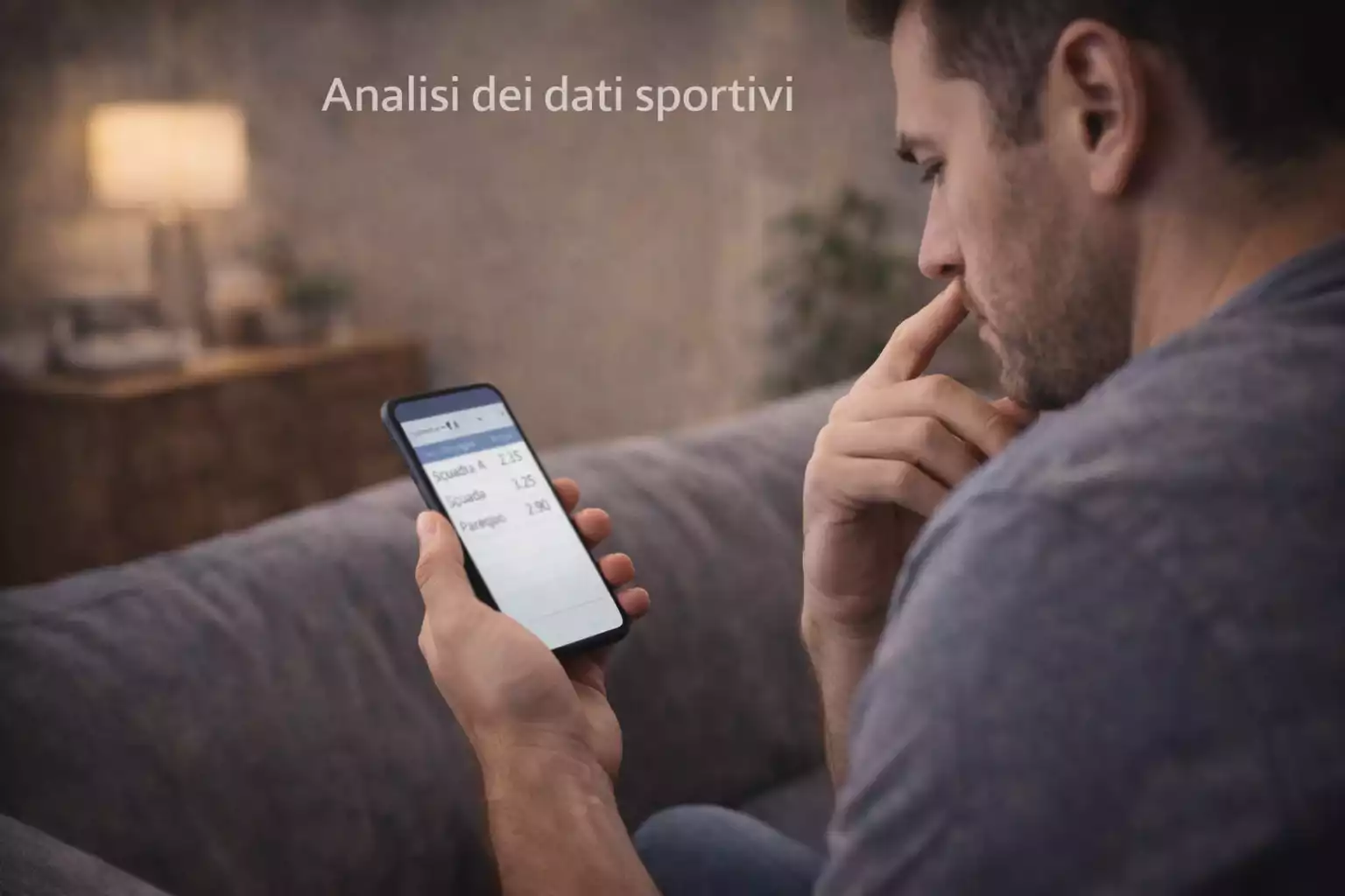 Persona pensierosa che valuta opzioni guardando lo schermo del telefono