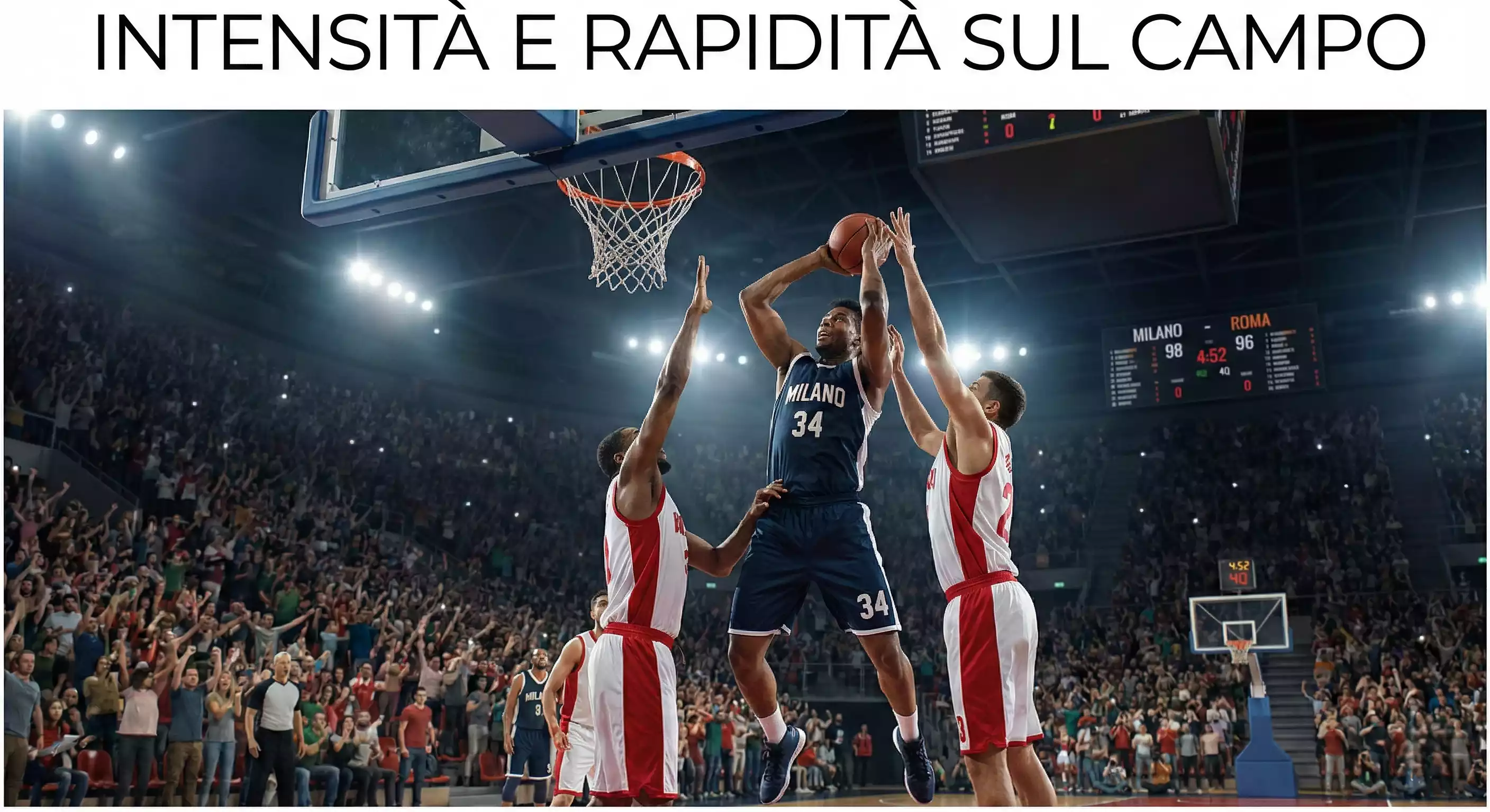 Partita di basket con giocatori in azione sotto canestro