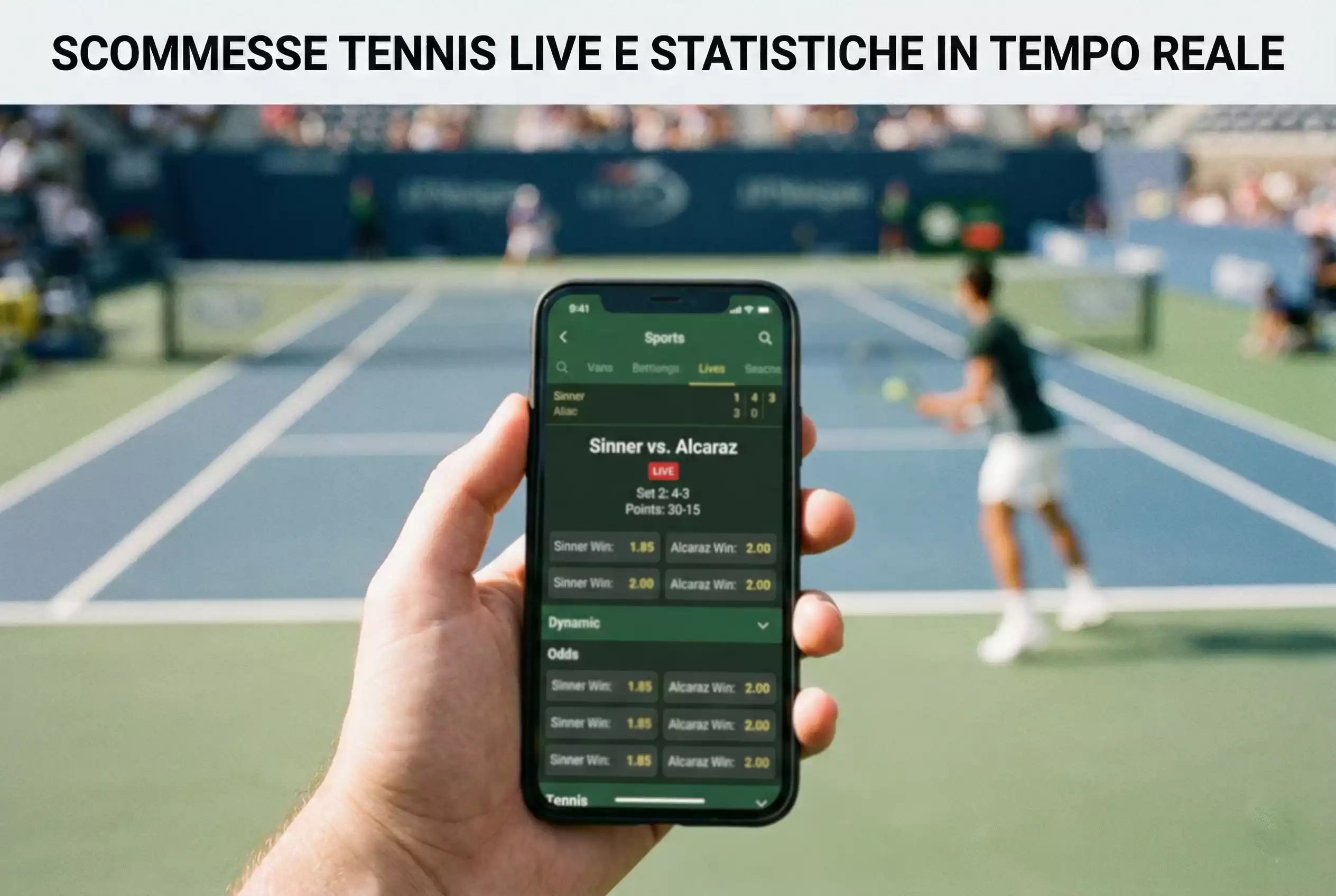 Smartphone con app di scommesse live durante partita di tennis