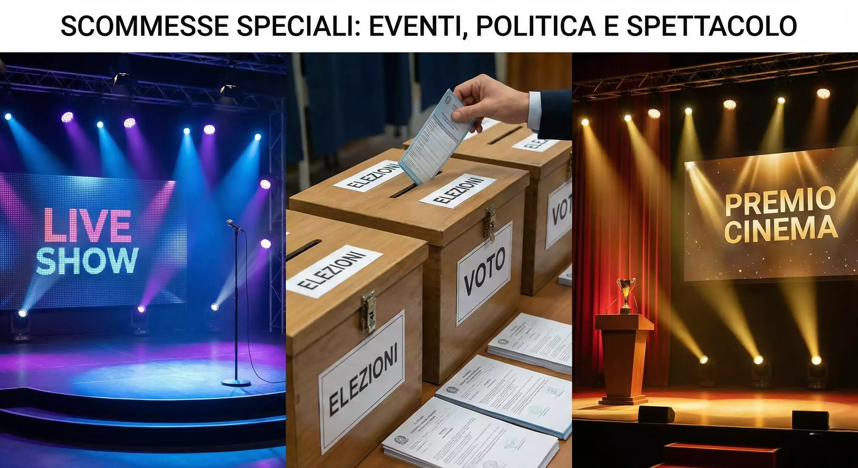 Collage di eventi: palco televisivo, urne elettorali e cerimonia di premiazione