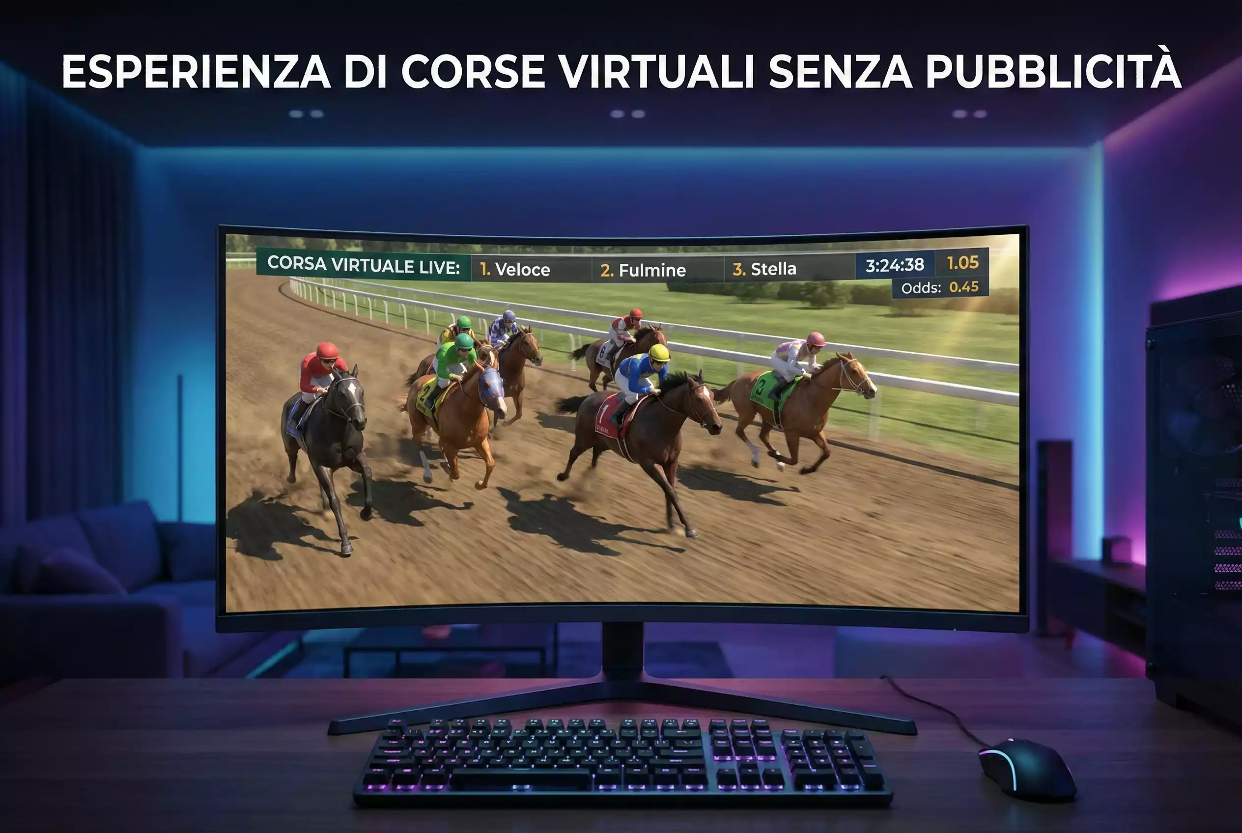 Schermo che mostra una corsa di cavalli virtuale