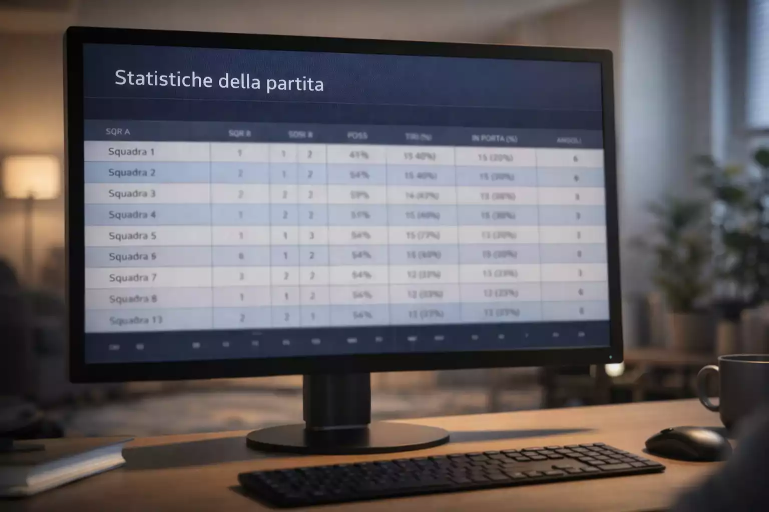 Schermo di computer che mostra statistiche e dati di partite di calcio