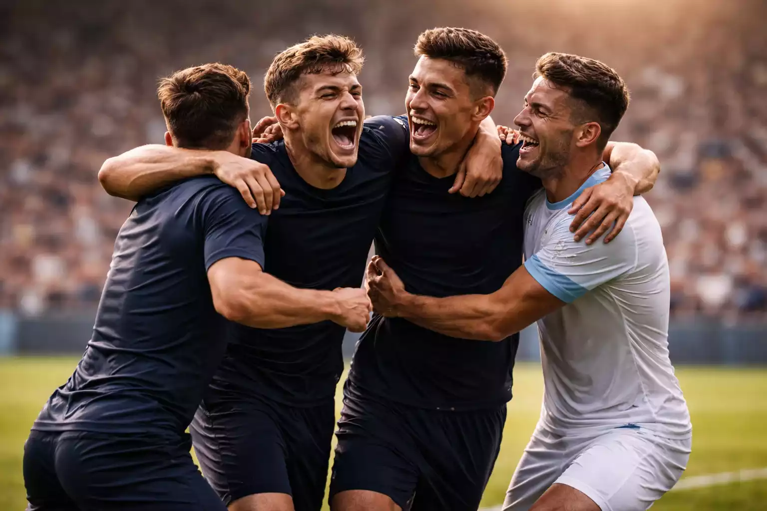 Giocatori che festeggiano un gol abbracciandosi sul campo