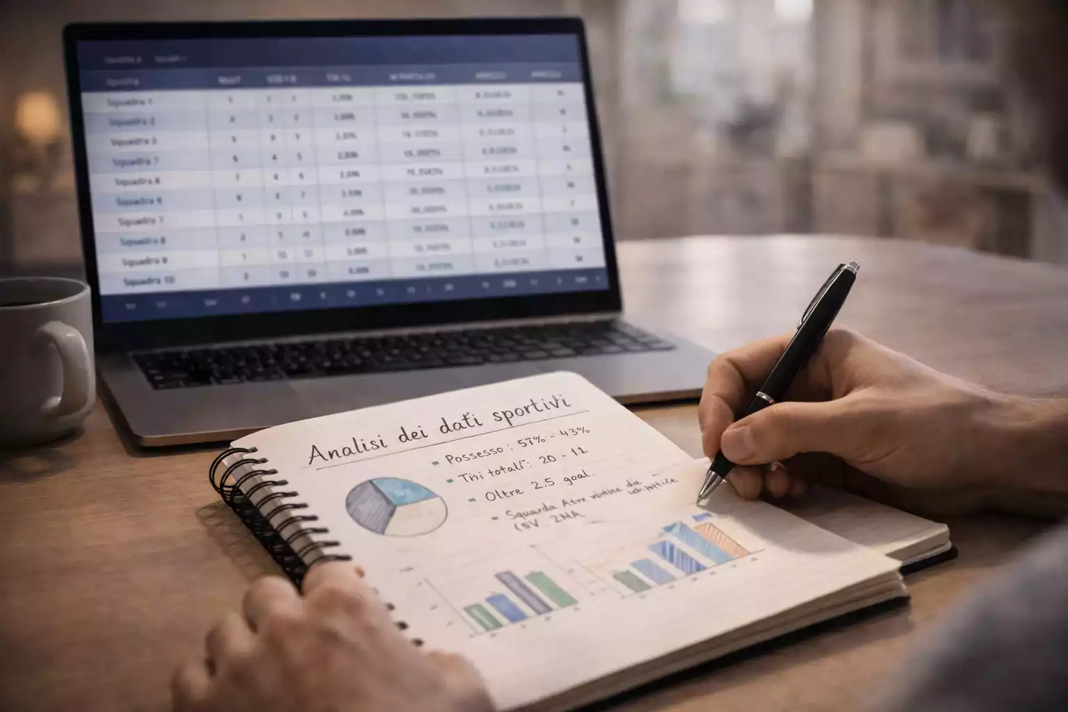 Persona che scrive appunti mentre guarda dati su laptop