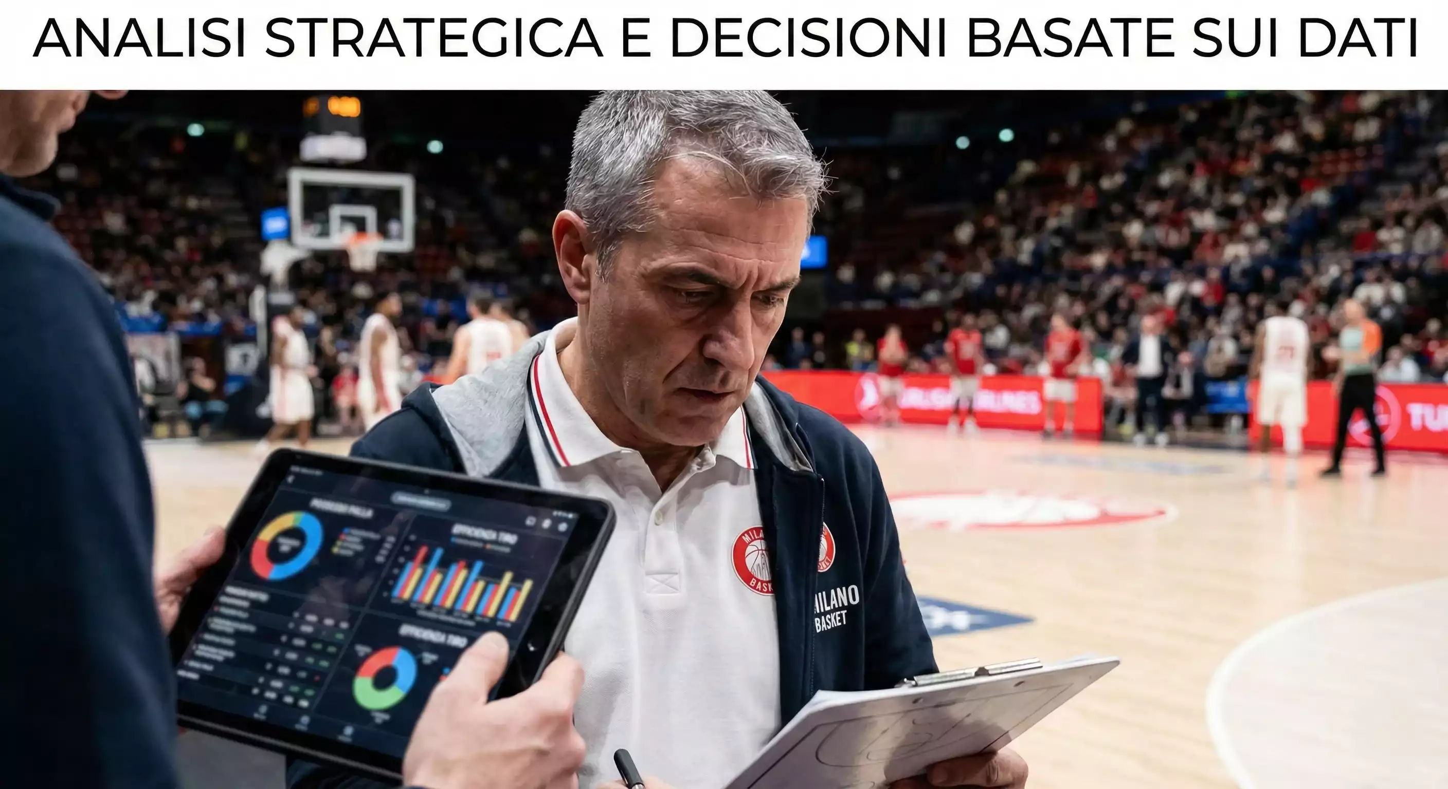 Allenatore di basket che analizza statistiche su tablet