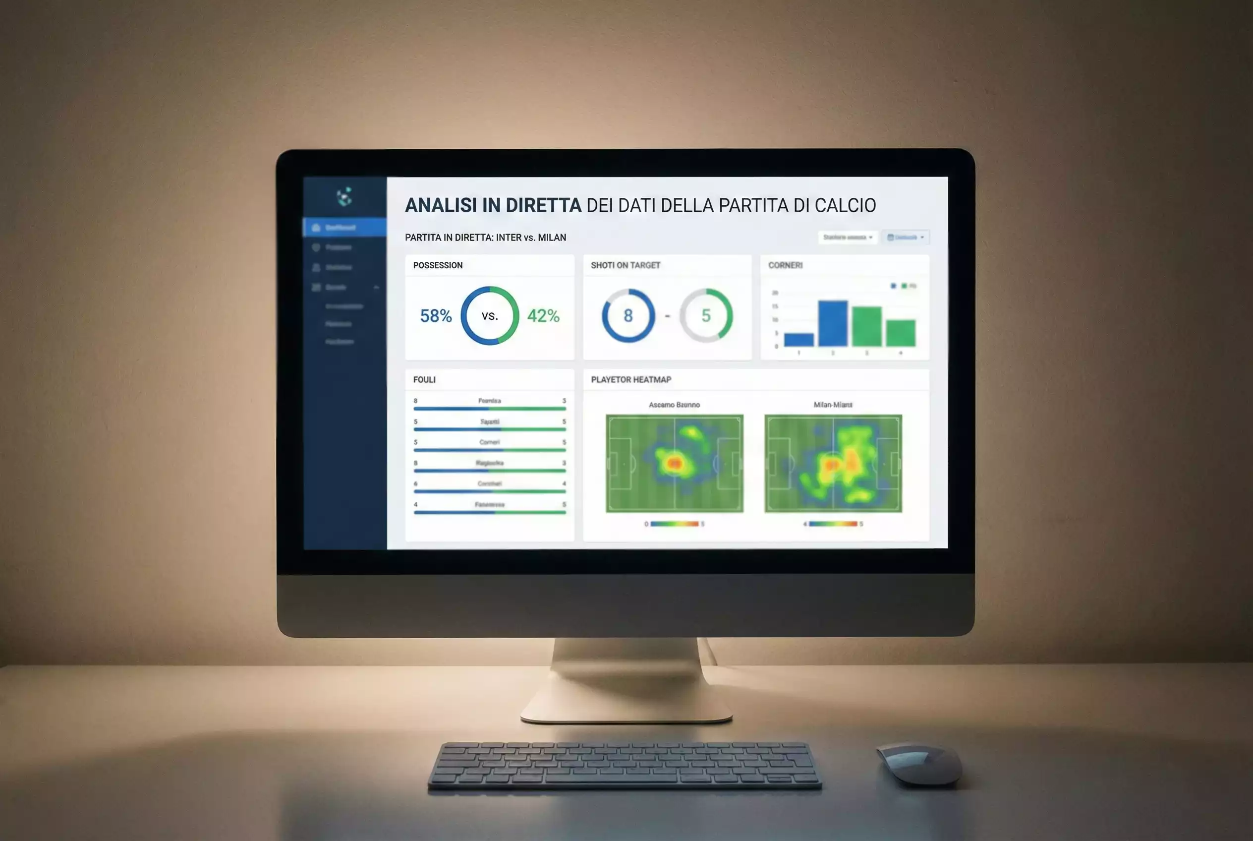 Schermo che mostra statistiche di una partita di calcio in tempo reale