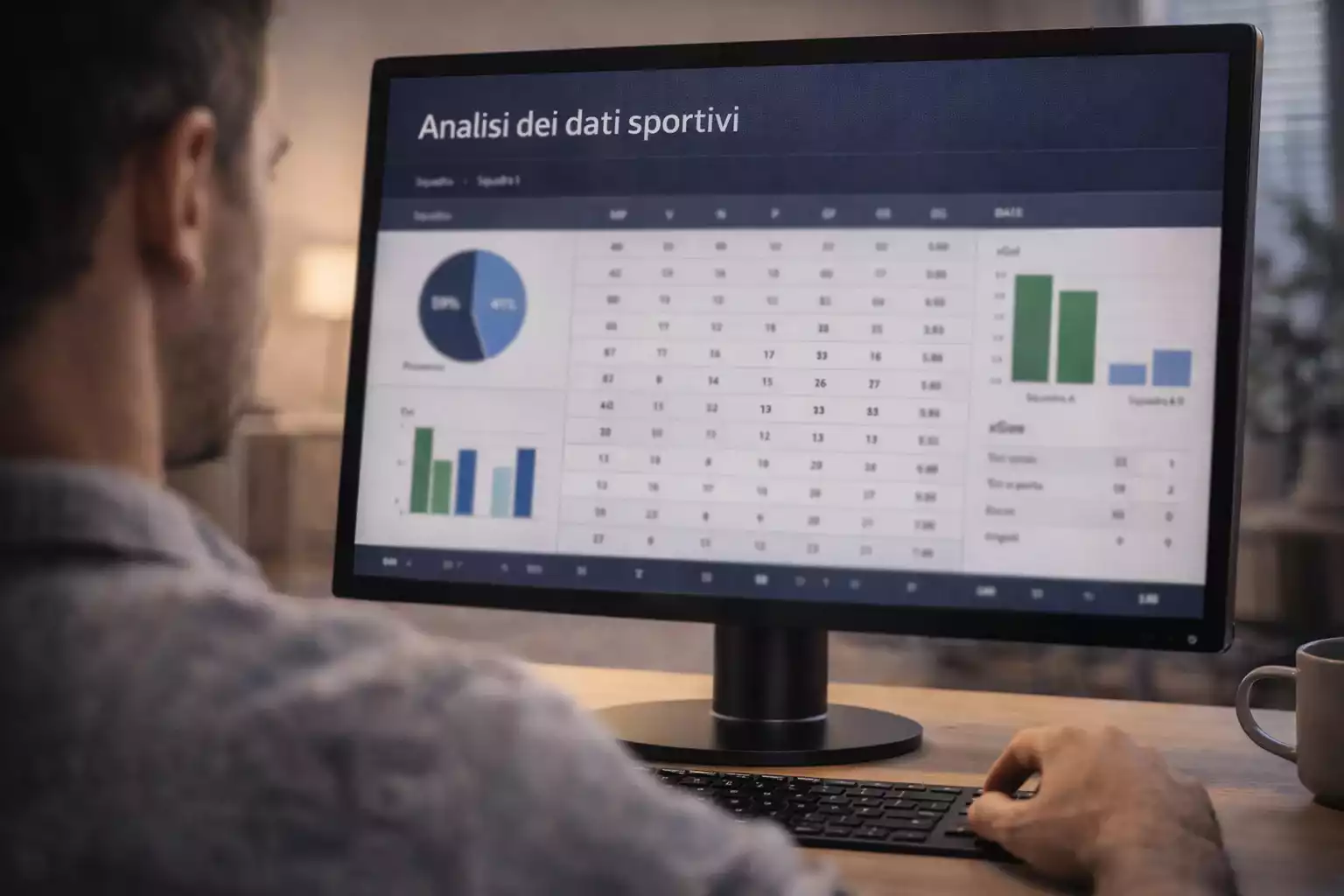 Persona concentrata che analizza dati sportivi su monitor