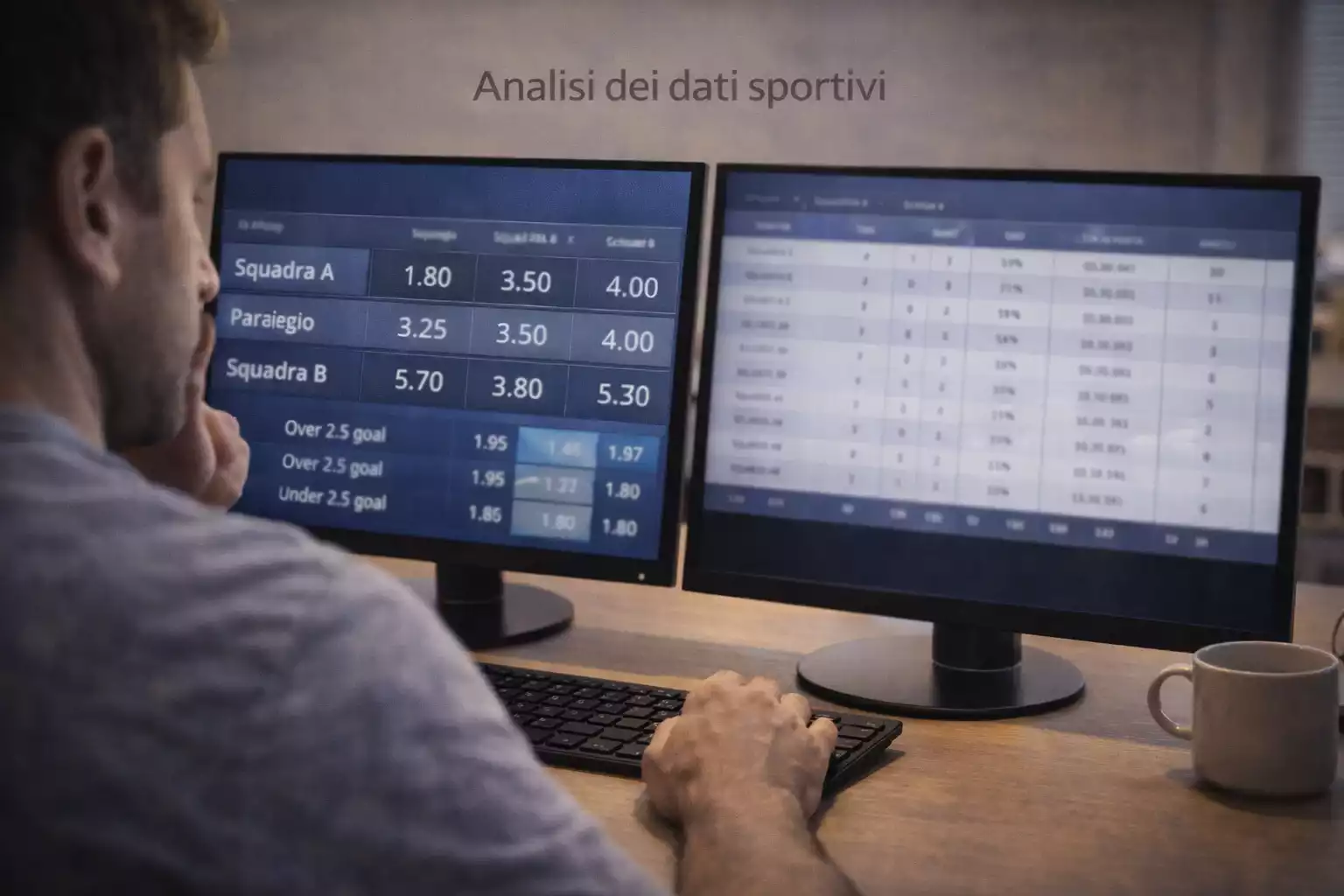 Persona che confronta dati su due schermi affiancati